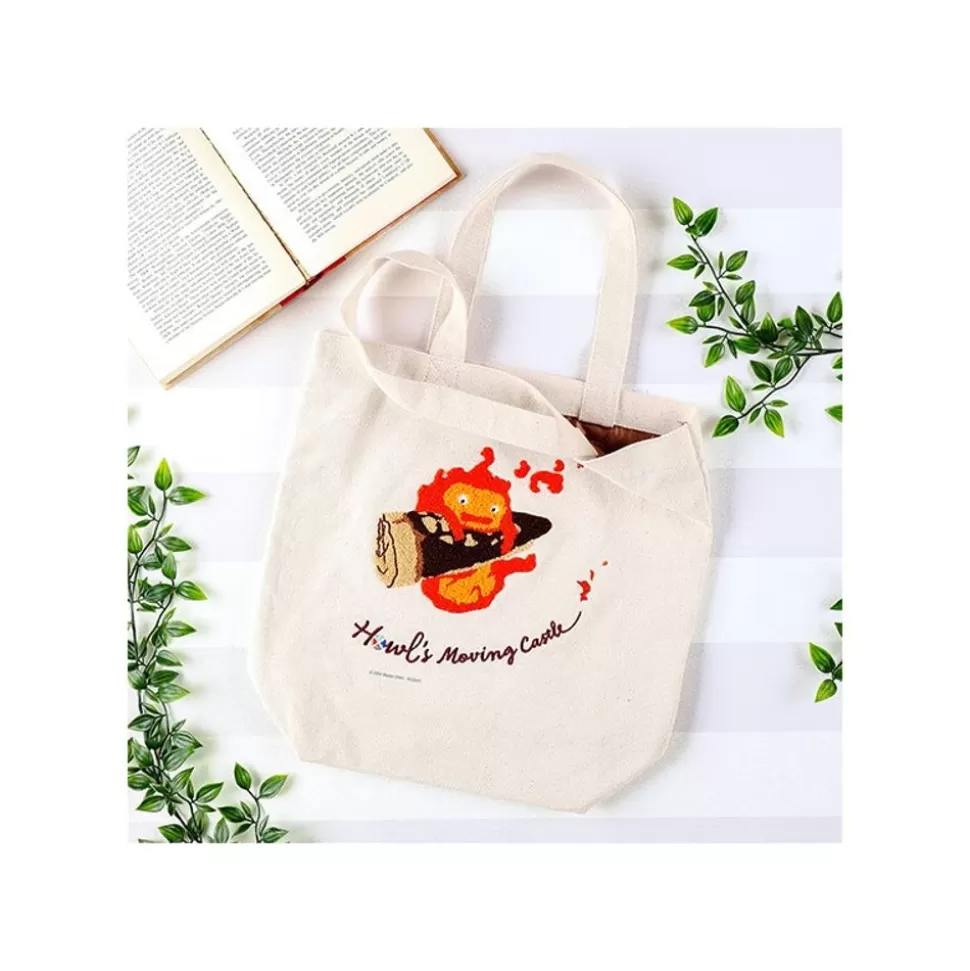 Maison Ghibli Embroidery Canvas Tote Bag Calcifer In A Hurry - Howl'S Moving Castle- Bags