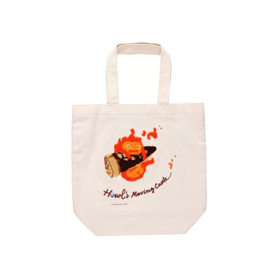 Maison Ghibli Embroidery Canvas Tote Bag Calcifer In A Hurry - Howl'S Moving Castle- Bags